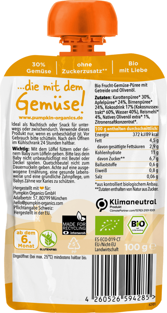 Quetschie Karotte, Apfel, Birne, Kokos & Reis, ab 6 Monate, 100 g